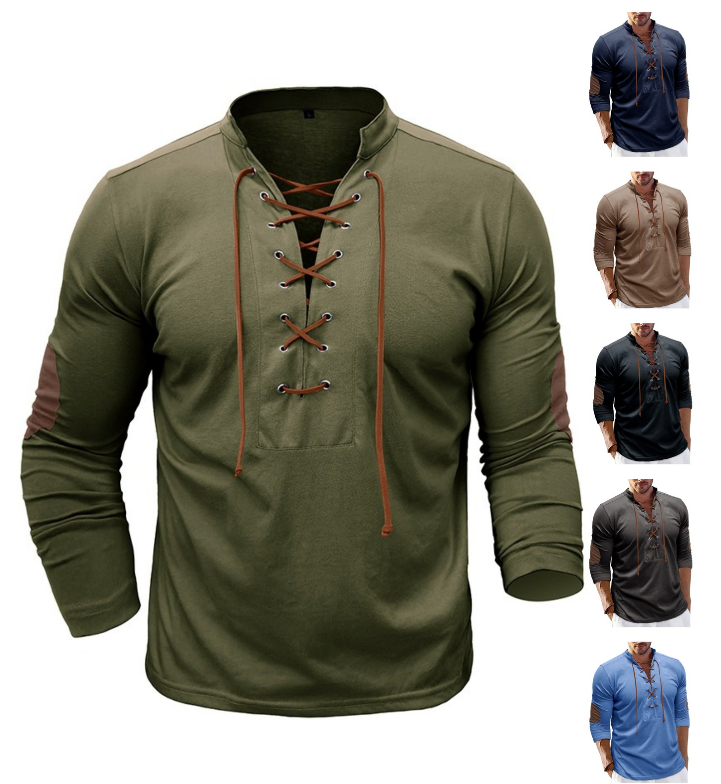Herren Retro Langarm T-Shirt Offener Stehkragen Base Unhooded Shirt | 2379