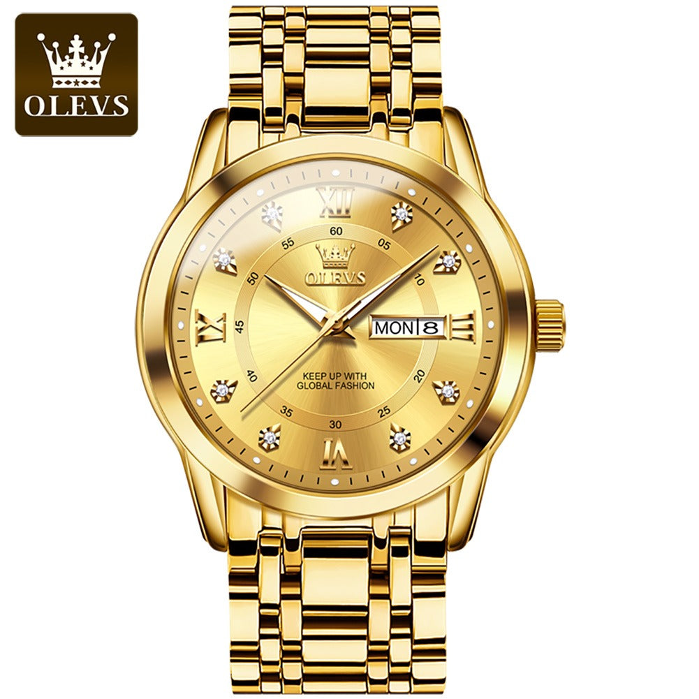Luxuriöse Edelstahl-Quarzuhr für Herren, hochwertige Freizeit- und Business-Armbanduhr in Gold | 5513