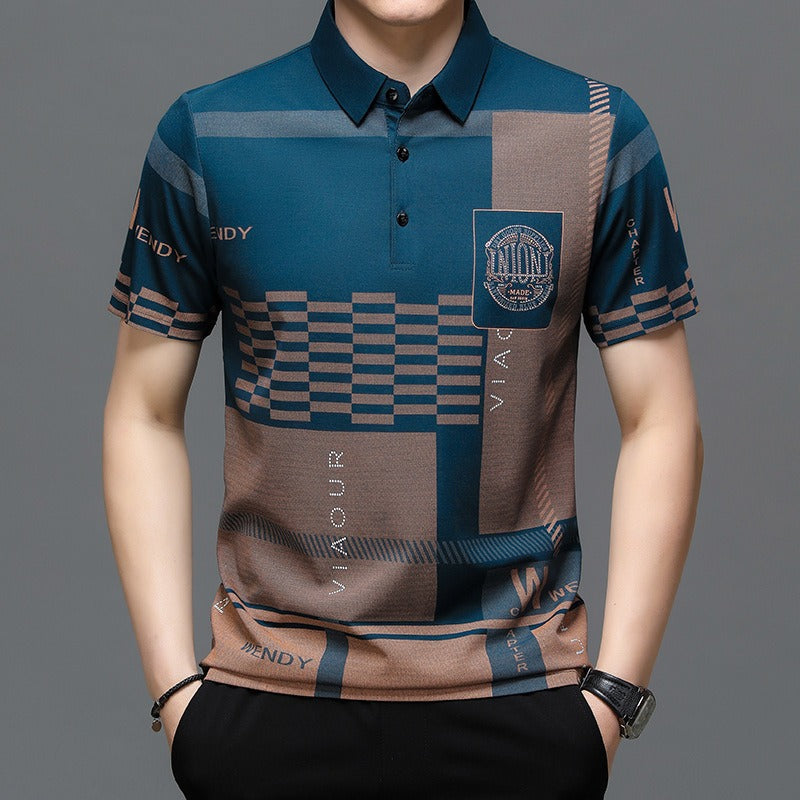 Herren Business Kurzarm Polokragen Baumwollhemd Solides besticktes Top T-Shirt | 104