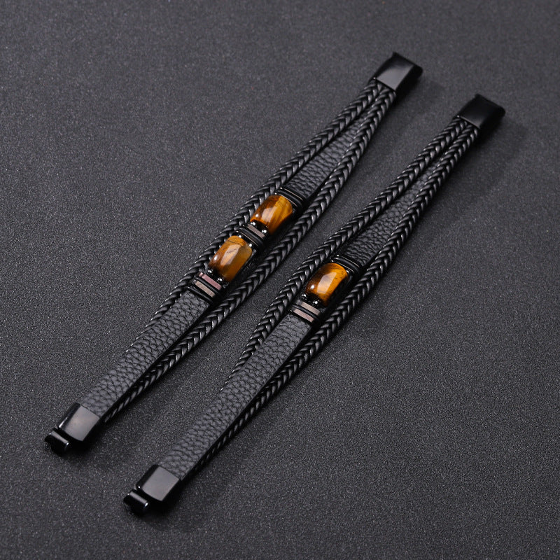 Herrenarmband aus Tigerauge-Stein, mehrlagiges Leder & Seil mit Magnetverschluss | YM-0096-A