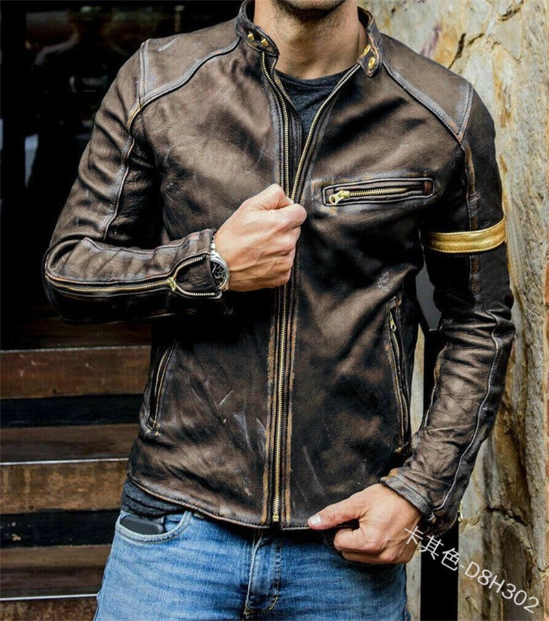 Herren Vintage Stehkragen Reißverschluss Reitjacke Strickjacke Motorrad Freizeit Lederjacke | D8H302