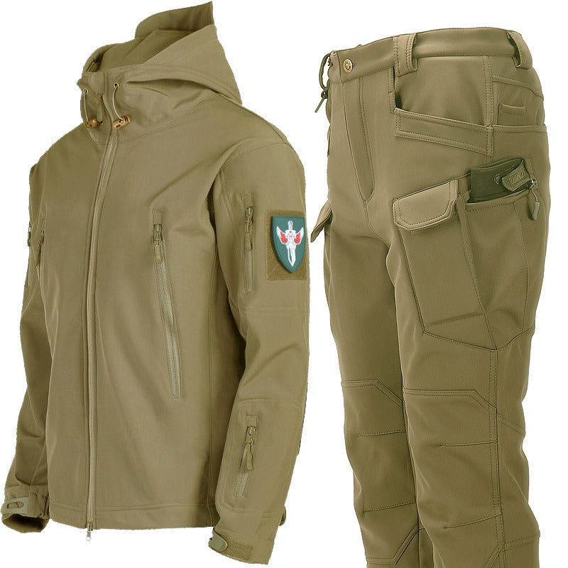 Wasserdichter Wanderanzug für Herren, Outdoor-Windjacke, taktische Jacken, Kapuzenjacke, Trekkinghose für Männer, Thermo-Fleece-Jagdset | 00856