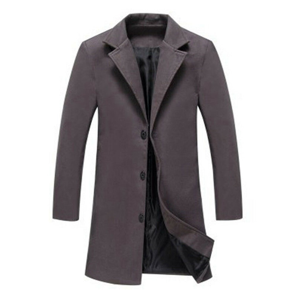 Herren Leichte Wolljacke Einfarbig Einreihig Revers Langer Mantel Business Mantel | D67
