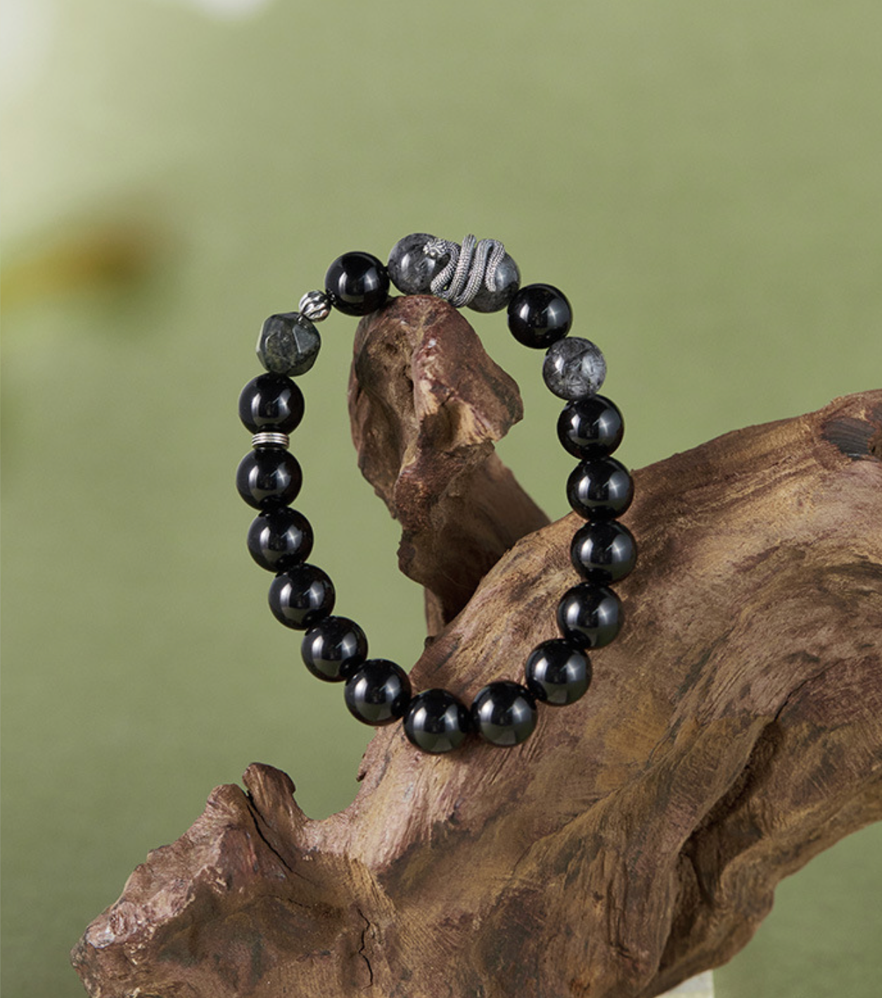 Black Mamba Serpent's Essence Obsidiankristall & Silber Schlangenarmband für Herren | VB24731-1BBYS