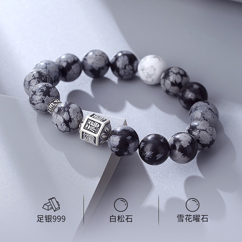 Herren-Segensarmband, handgefertigt, silbernes Schneeflocken-Obsidian-Mantra-Perlen-Armband | VB24383-3BBYS