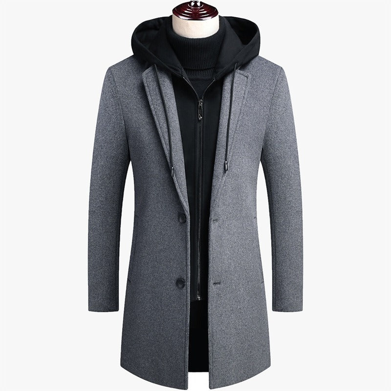 Herren Wolljacke mit abnehmbarer Kapuze, winddicht, mittellanger Mantel, lässiger, dicker Trenchcoat | 1909-3