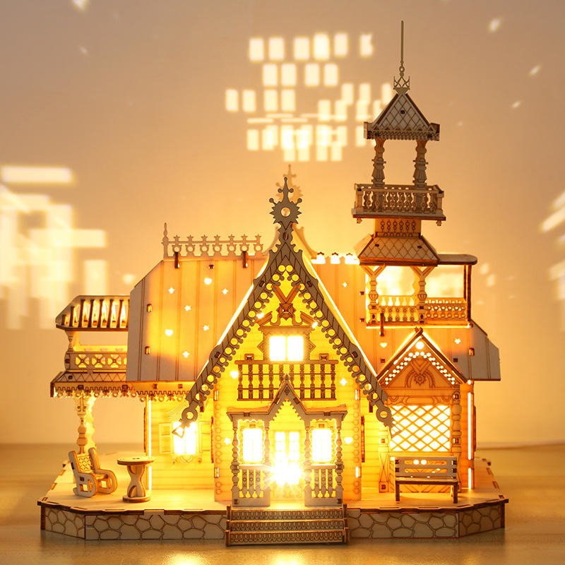 3D-Puzzles aus Holz, Villa, Schloss, DIY-Holzhandwerk, Kinder, leuchtende Hobbys, Lernspielzeug | PT-045