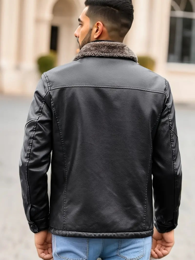 Herren PU-Lederjacke Mäntel Hochwertige Business Pelzkragen Leder Bomber Warme Jacke | 2053