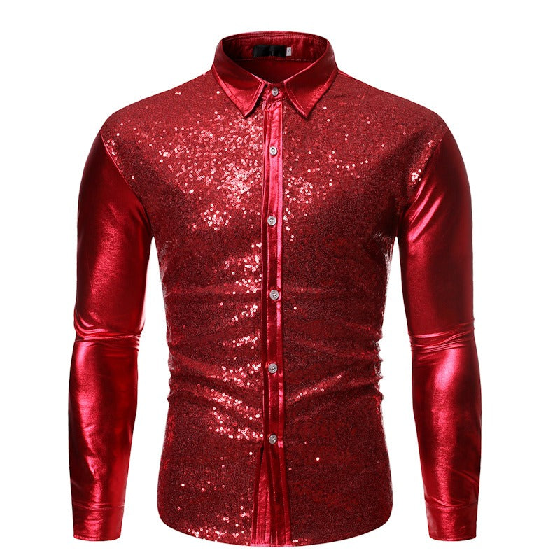 Herren Pailletten Bronzing Patchwork Tanzshirt Schlank Atmungsaktiv Party Top | ZT-CS86