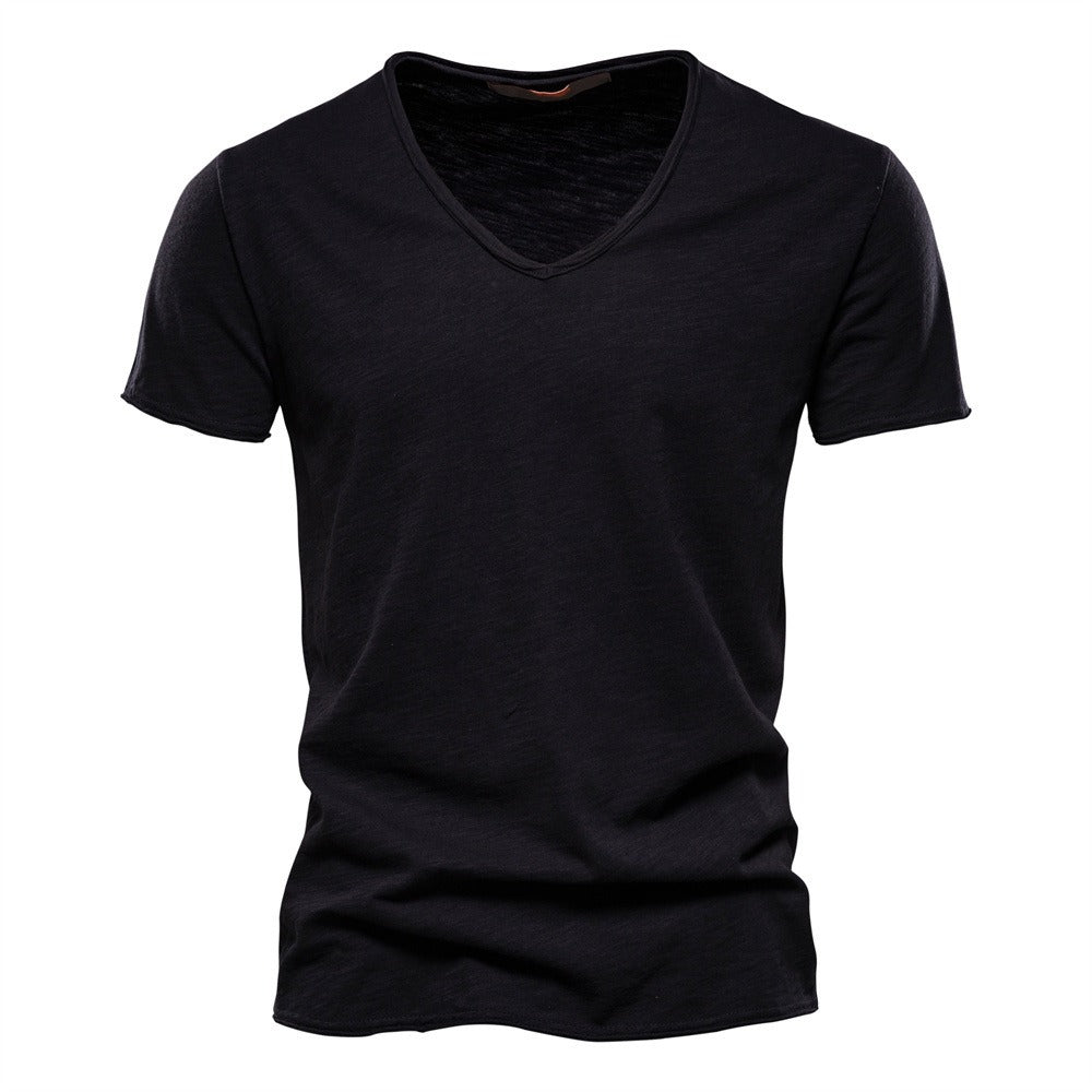 Herren T-Shirt mit tiefem V-Ausschnitt, 100 % Baumwolle, einfarbig, V-Kragen, hochwertiges Basic-T-Shirt | F037