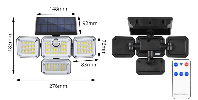 Solar-LED-Wandleuchten für den Außenbereich, geteiltes Licht mit Bewegungsmelder, 4 Köpfe, 3 Modi, Solarlampe |