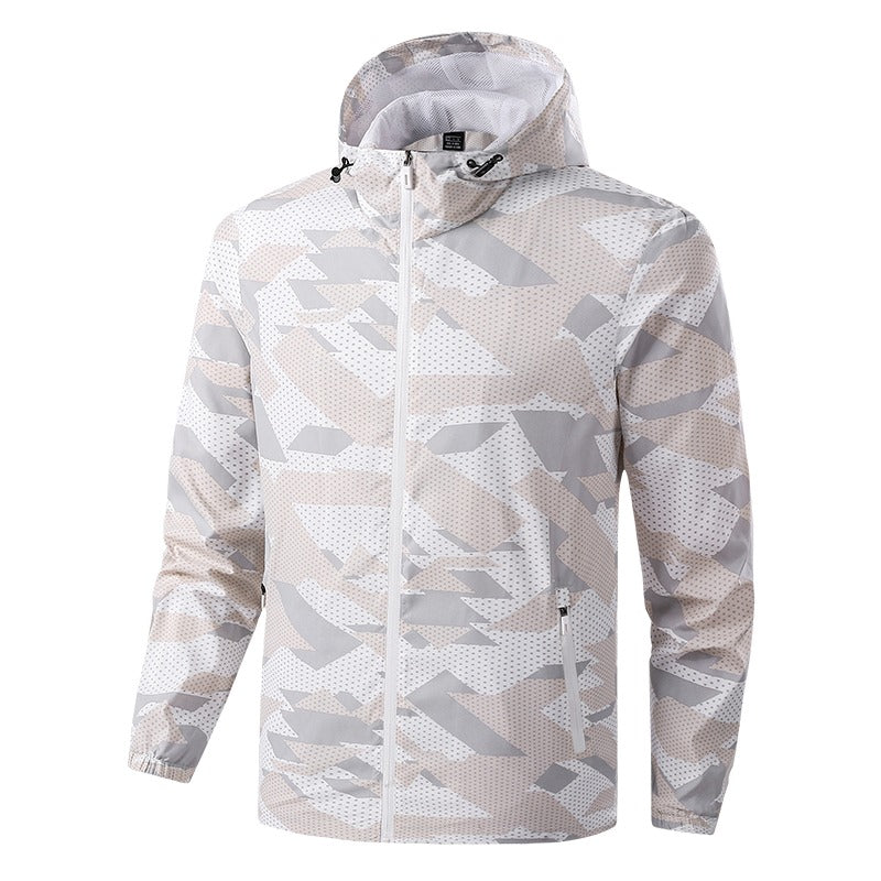 Herrenjacken, vollständig mit Camouflage-Muster bedruckt, leichte Jacken, Trenchcoat-Windbreaker mit durchgehendem Reißverschluss und Kapuze |