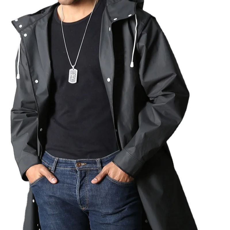 Herren-Regenmantel aus Polyester, wasserdicht, lange Regenjacke mit Kapuze, Outdoor-Wanderregenmantel | 1210