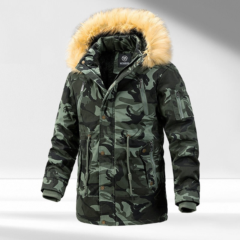 Vielseitige Camouflage-Militärjacke für Herren mit Fleecefutter, Pelzkapuze und mehreren Taschen