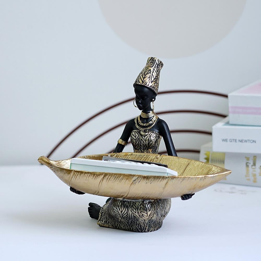 Afrikanischer schwarzer Obstteller, Ornament aus Kunstharz, Heimdekor mit Volkskunstmuster im thailändischen Stil, Schreibtisch-Aufbewahrungsdekoration | RRW040