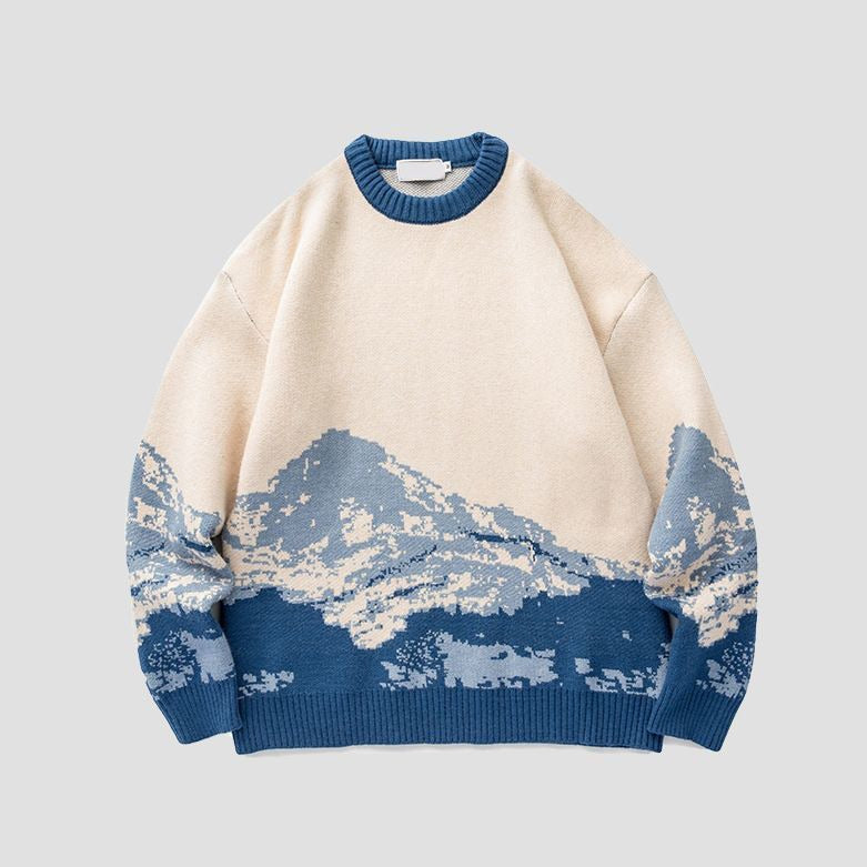 Herren Pullover Winter Schnee Berg Pullover O-Ausschnitt Lockerer Pullover Wolle Langarm Sweatshirt | 231026-7