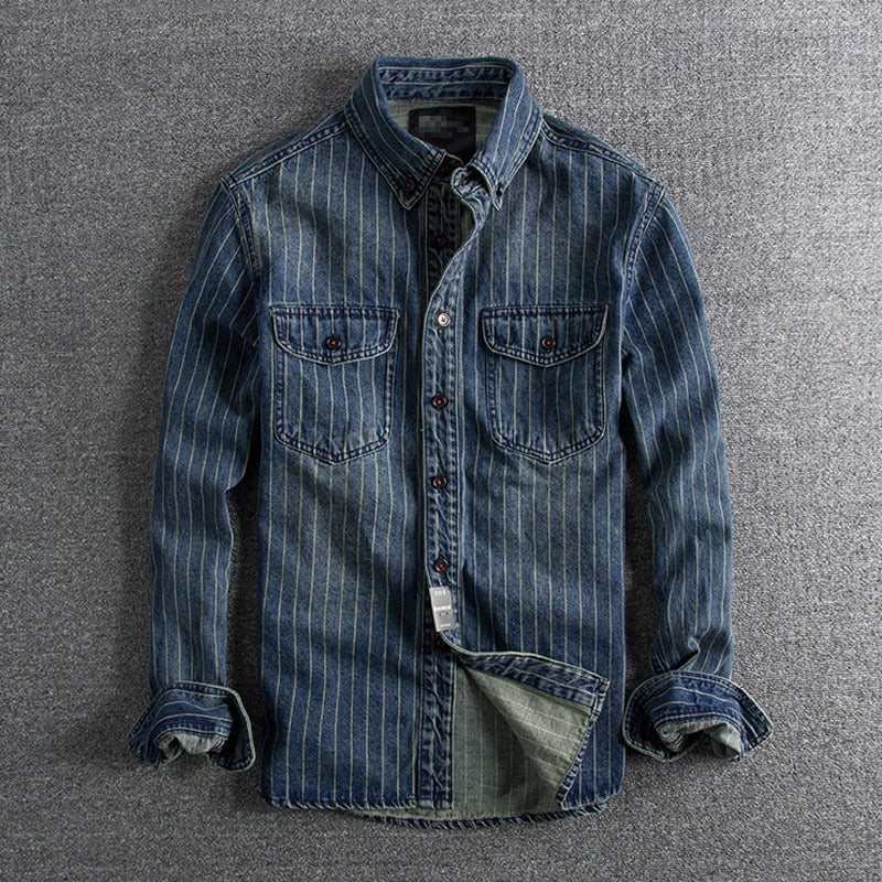 Herren Retro Heavy Distressed Denim Shirt Slim Fit Gestreiftes Langarmhemd | 8833