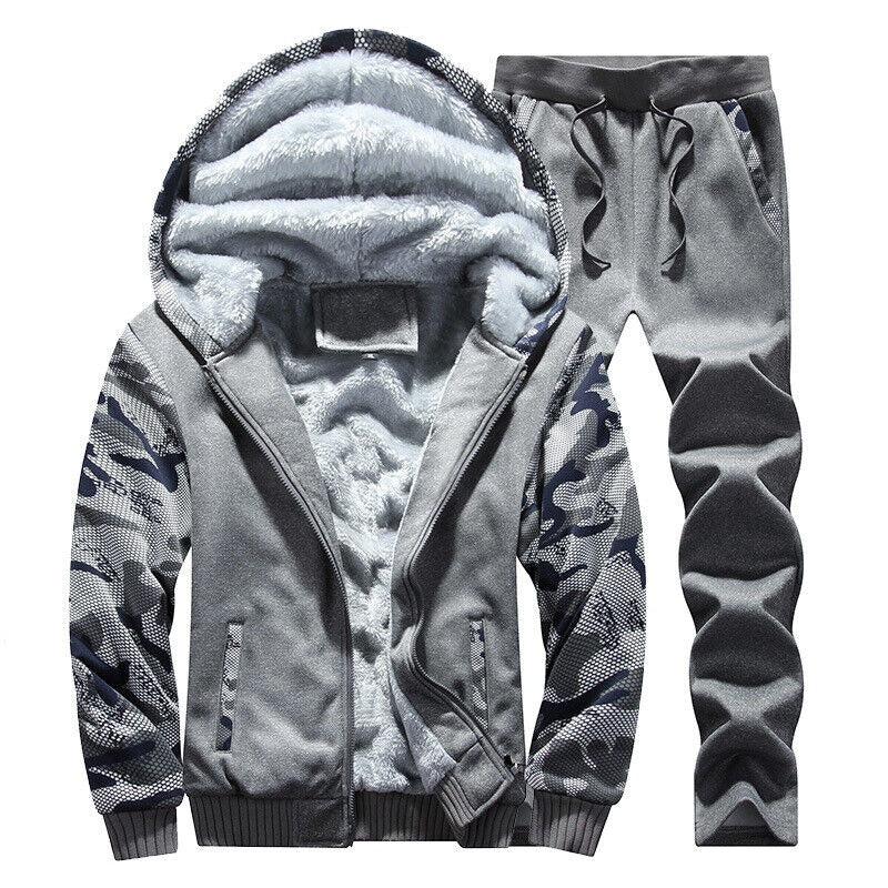 Herren Camouflage Trainingsanzug Reißverschluss Mantel Winter Dicke Fleece Kapuzenjacke + Hose Trainingsanzug