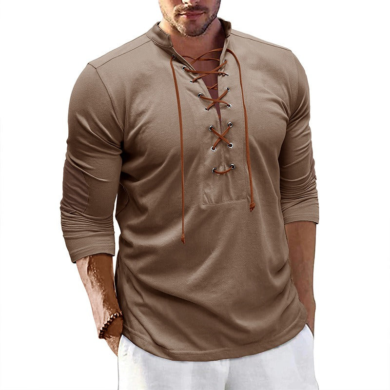 Herren Retro Langarm T-Shirt Offener Stehkragen Base Unhooded Shirt | 2379