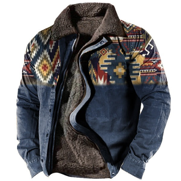 Herren-Fleece-Sherpa-Vintage-Jacke im Azteken-Stil, Übergröße, Reißverschluss und Knopfleiste, dicker taktischer Winter-Cargomantel mit Reverskragen