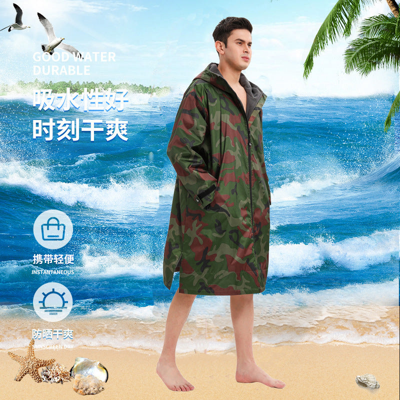 Unisex-Allwetter-Trockenmantel mit Kapuze und Camouflage-Muster – Wasserdichter, winddichter Schwimmparka mit Handtuchfutter | BCM022