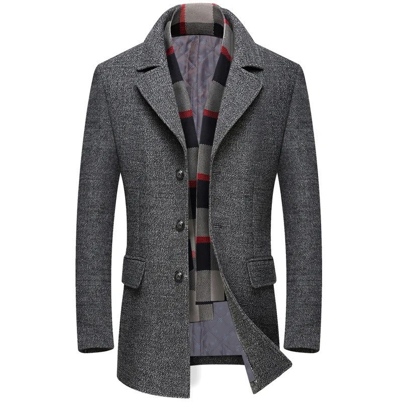 Herren Business Wolljacke Umlegekragen Slim Fit Warm Mittellanger Trenchcoat