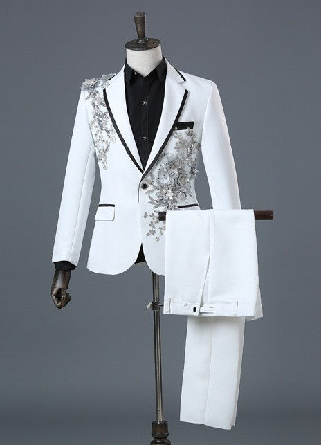 Herrenanzug, 2-teilig, formell, bestickt, elegant, mit blinkenden Pailletten, Kristallen, Blazer, Mantel, Abschlussball, Party, Smoking, Kostüm, Hochzeitsoutfit