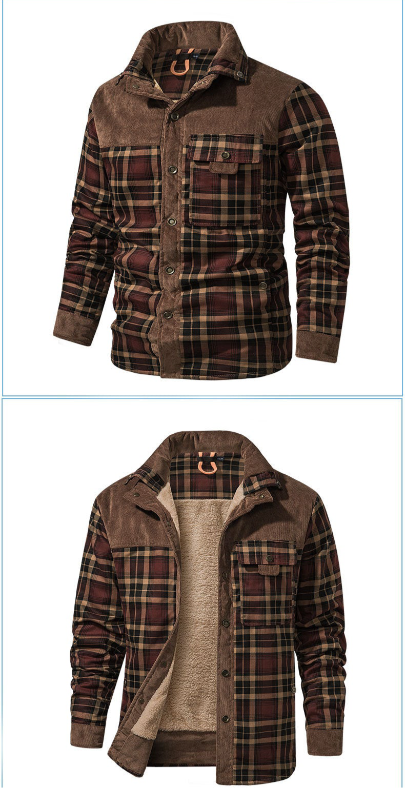 Herren Patchwork Cord Karo Hemd Jacke Übergröße Samtgefüttert Lässiges Winteroberteil | 3251