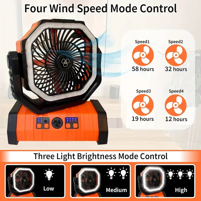 Tragbarer, wiederaufladbarer Outdoor-Camping-Ventilator mit Haken, USB-Tischventilator mit LED-Notlicht und Powerbank für Picknick, Wandern, Angeln