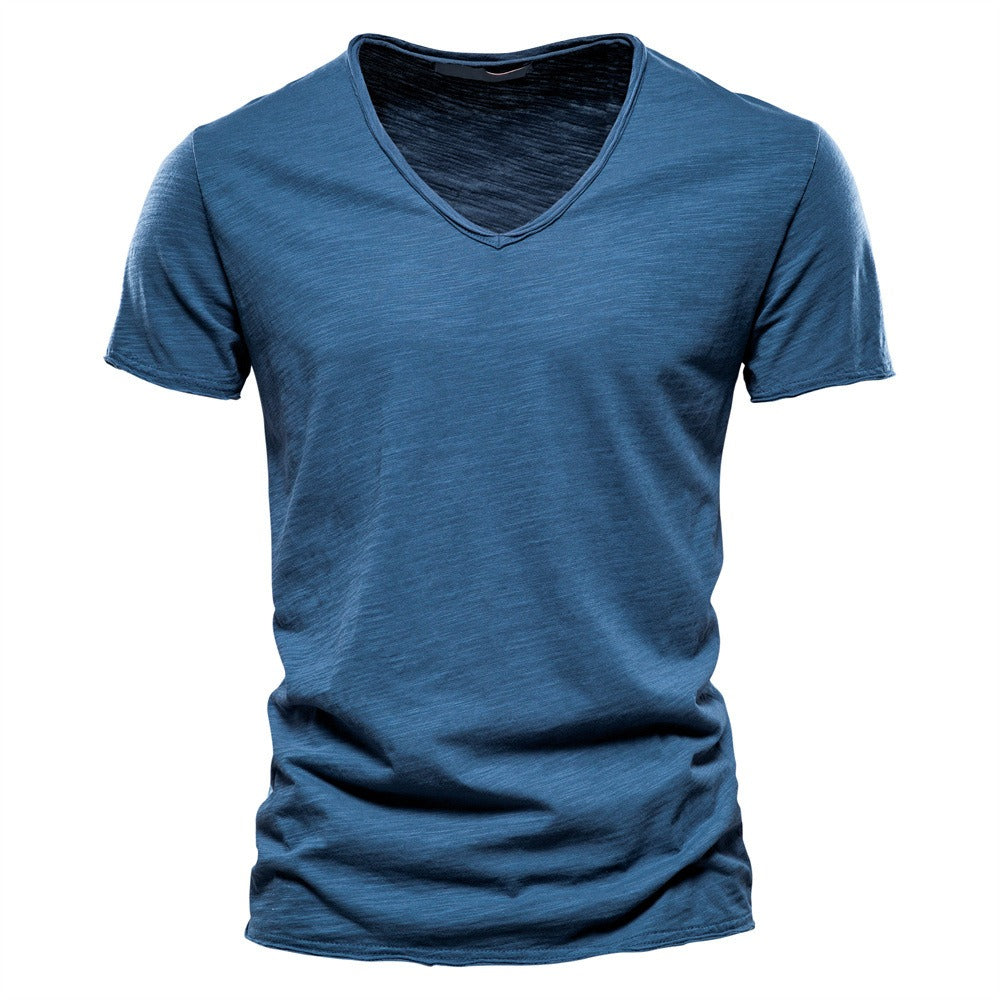 Herren T-Shirt mit tiefem V-Ausschnitt, 100 % Baumwolle, einfarbig, V-Kragen, hochwertiges Basic-T-Shirt | F037