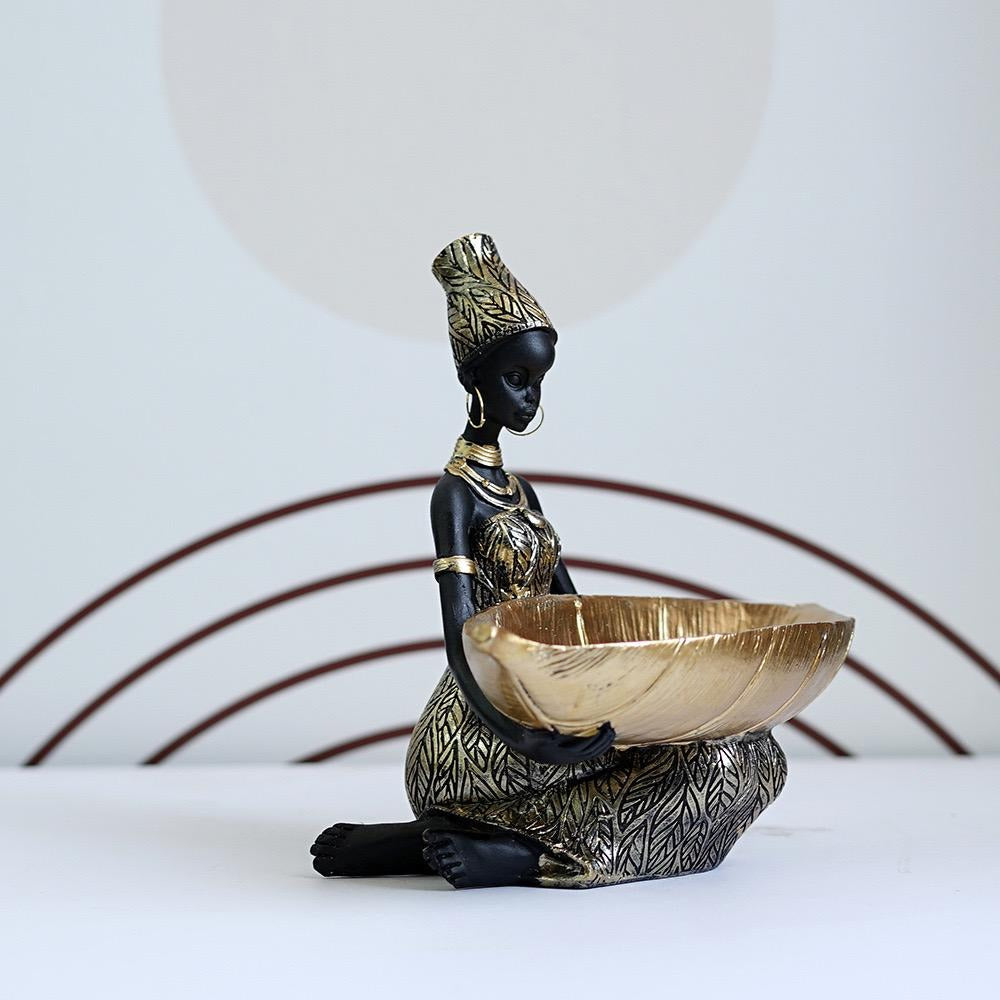 Afrikanischer schwarzer Obstteller, Ornament aus Kunstharz, Heimdekor mit Volkskunstmuster im thailändischen Stil, Schreibtisch-Aufbewahrungsdekoration | RRW040