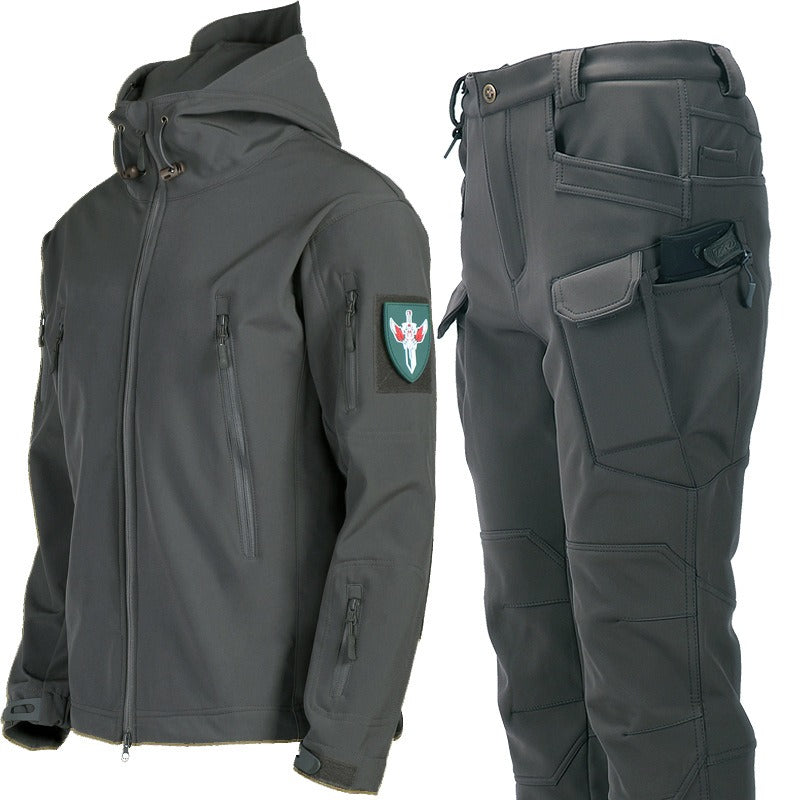 Wasserdichter Wanderanzug für Herren, Outdoor-Windjacke, taktische Jacken, Kapuzenjacke, Trekkinghose für Männer, Thermo-Fleece-Jagdset | 00856