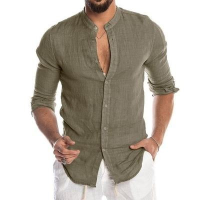 Herren Freizeithemden Einfarbiges Leinen Langarm Stehkragen Cardigan Hemd | 418
