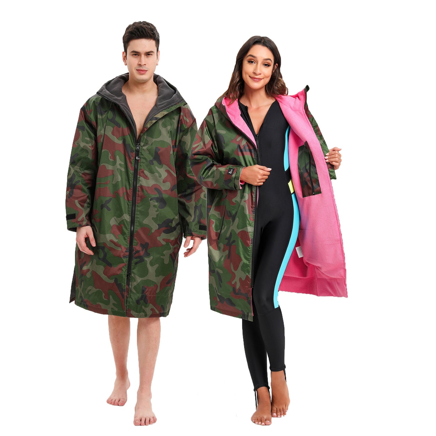 Unisex-Allwetter-Trockenmantel mit Kapuze und Camouflage-Muster – Wasserdichter, winddichter Schwimmparka mit Handtuchfutter | BCM022
