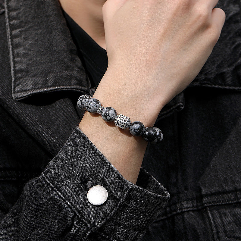 Herren-Segensarmband, handgefertigt, silbernes Schneeflocken-Obsidian-Mantra-Perlen-Armband | VB24383-3BBYS