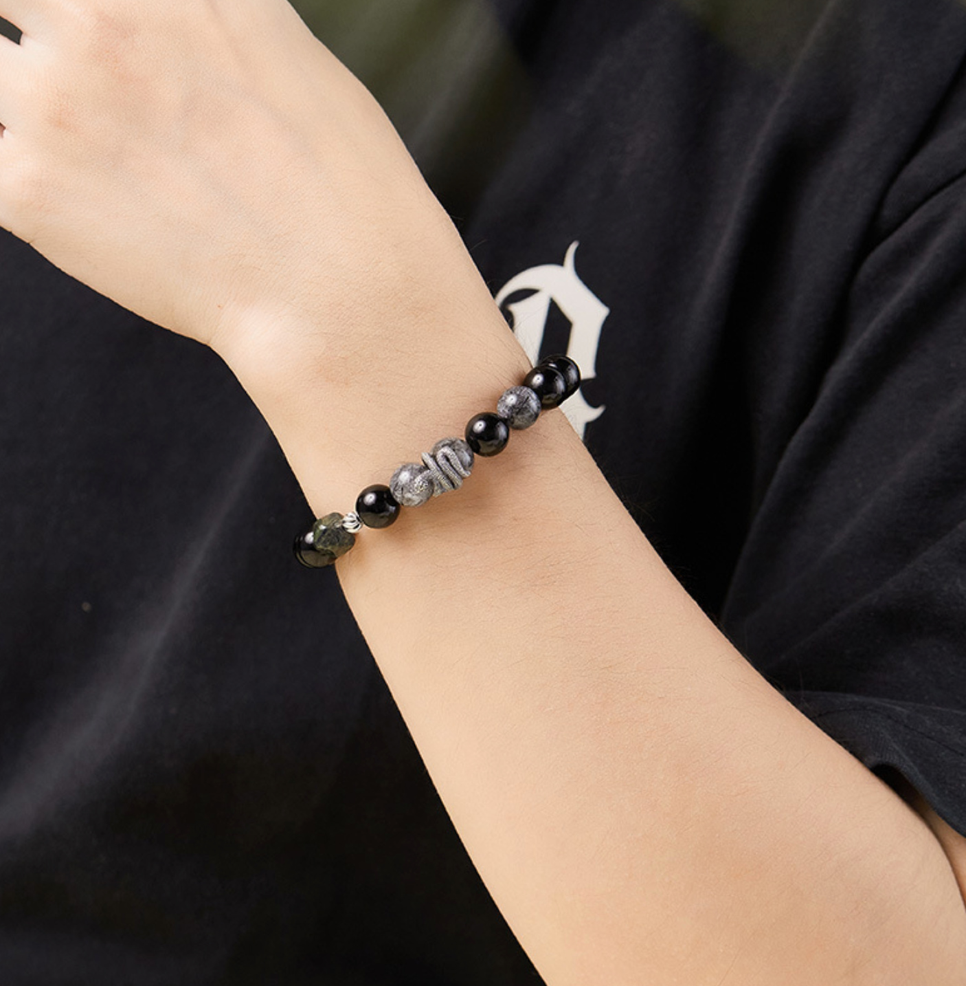 Black Mamba Serpent's Essence Obsidiankristall & Silber Schlangenarmband für Herren | VB24731-1BBYS