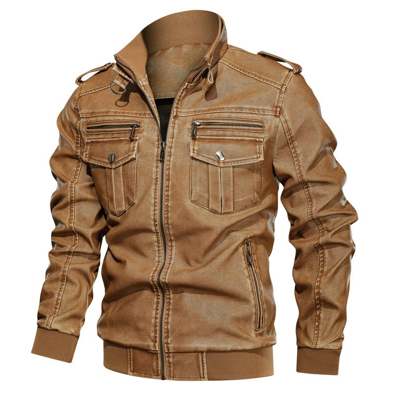 Herren PU-Leder Stehkragen Solider Reißverschluss Outdoor Casual Tops Mantel Jacke | 833