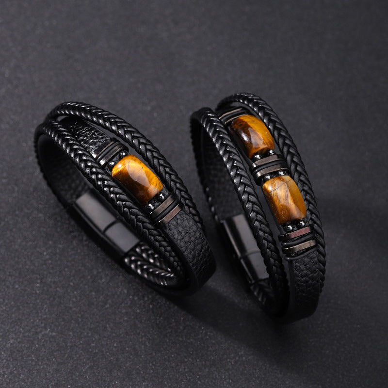 Herrenarmband aus Tigerauge-Stein, mehrlagiges Leder & Seil mit Magnetverschluss | YM-0096-A