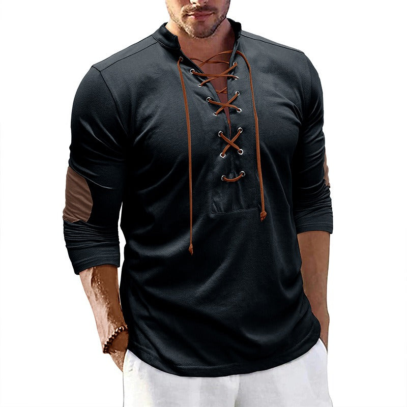 Herren Retro Langarm T-Shirt Offener Stehkragen Base Unhooded Shirt | 2379
