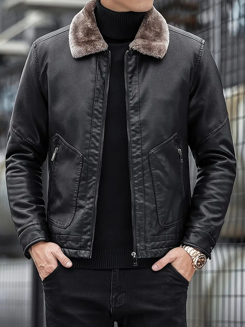 Herren PU-Lederjacke Mäntel Hochwertige Business Pelzkragen Leder Bomber Warme Jacke | 2053