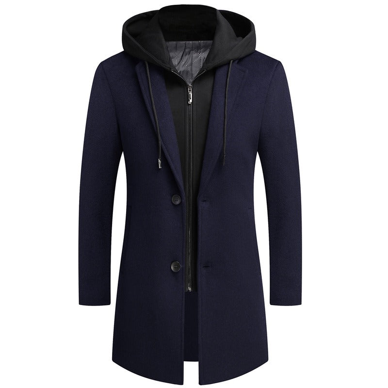 Herren Wolljacke mit abnehmbarer Kapuze, winddicht, mittellanger Mantel, lässiger, dicker Trenchcoat | 1909-3