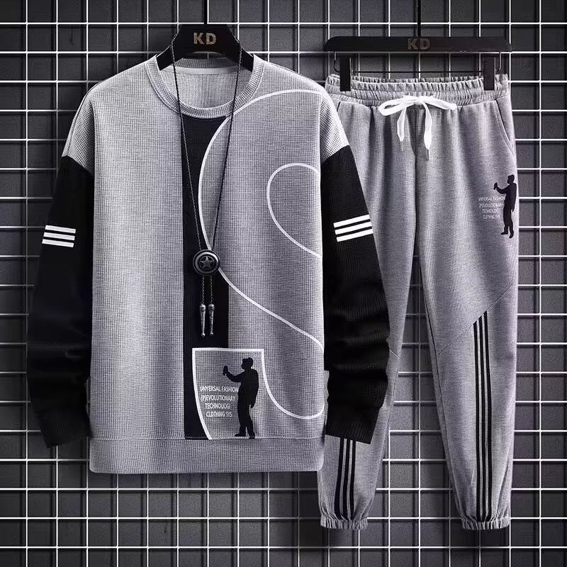 Polo-Langarmshirt mit Hose, Golf-Poloshirt, Pullover-Set, lässiges Waffel-Oberteil mit Rundhalsausschnitt für Herren