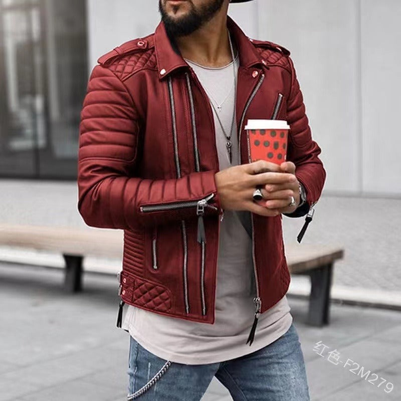 Revers Lässiger Reißverschluss PU Cardigan Dicker Mantel Langarm Outdoor Einfarbig Slim Fit Jacke |