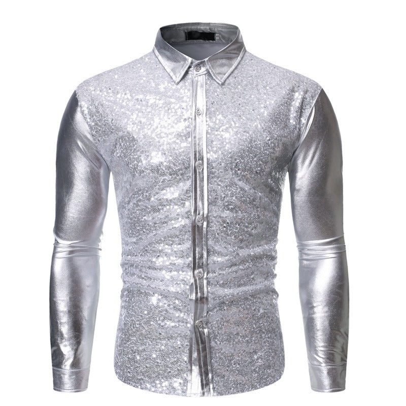 Herren Pailletten Bronzing Patchwork Tanzshirt Schlank Atmungsaktiv Party Top | ZT-CS86