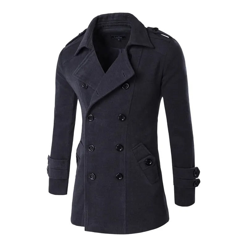 Herren Zweireihiger Wollmantel Mittellang Schmaler Trenchcoat | 3013