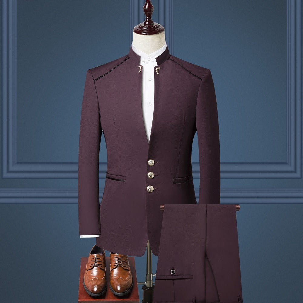 Herrenanzug Slim Fit Dreiteiliger Zhongshan-Anzug im britischen Stil mit Stehkragen | 02
