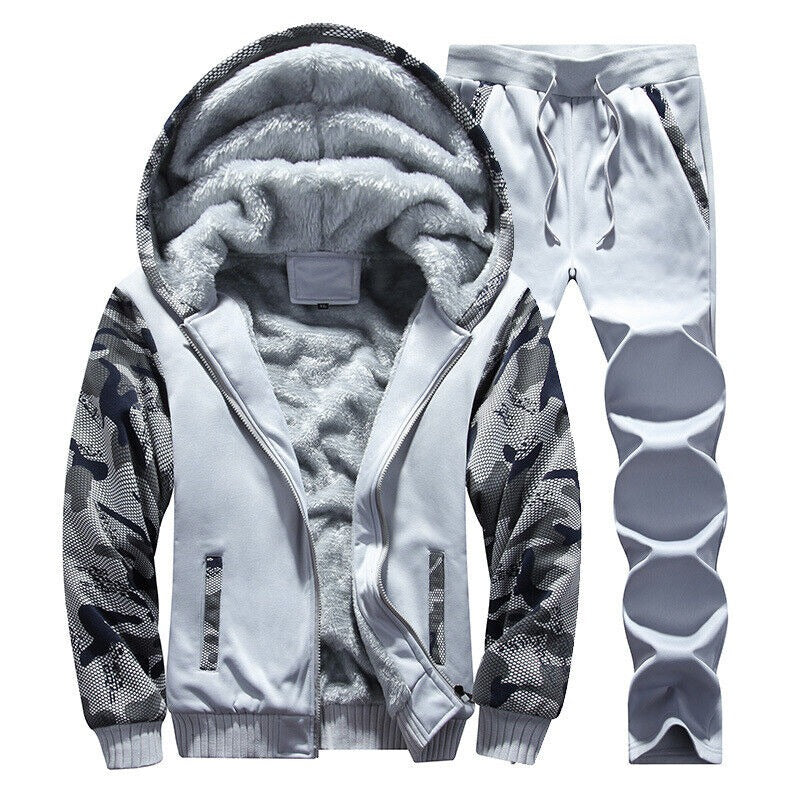 Herren Camouflage Trainingsanzug Reißverschluss Mantel Winter Dicke Fleece Kapuzenjacke + Hose Trainingsanzug