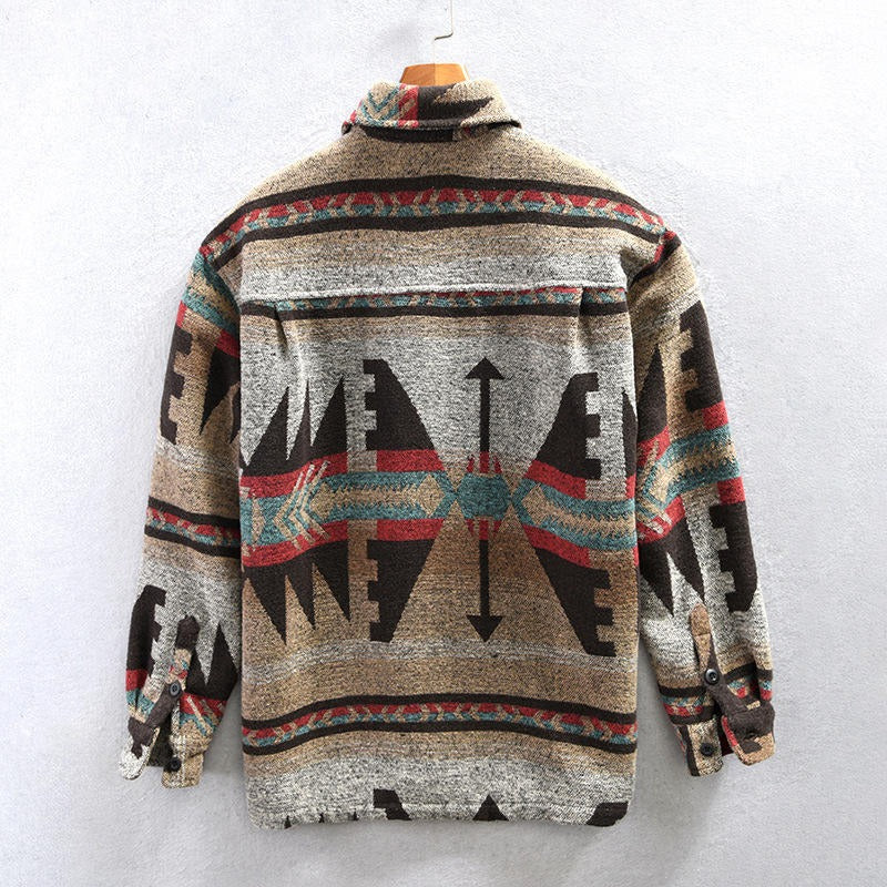 Herren Vintage Loose Fit Ethnic Aztec Geometric Print Shirt Top Pocket Woolen Shacket Plus Size Jacke | SYG-2580