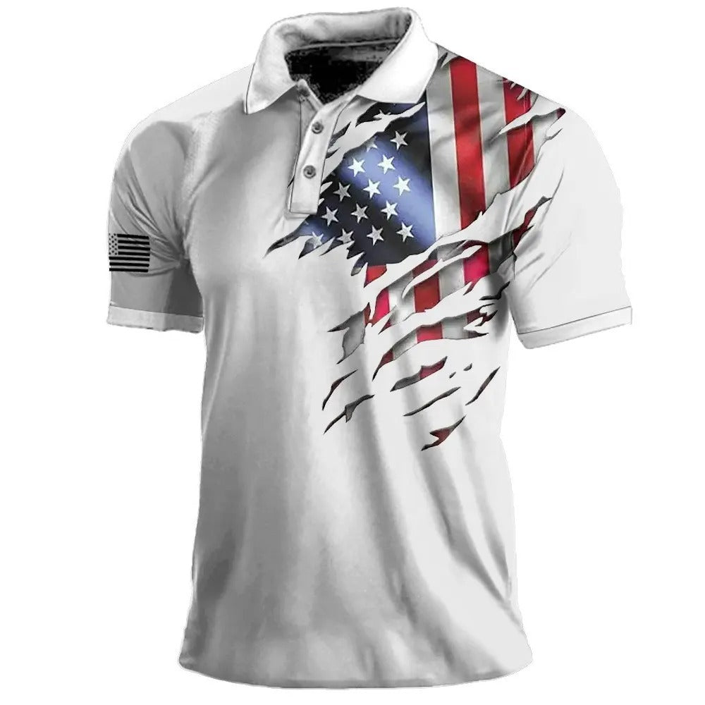Herren-Poloshirt mit amerikanischer Flaggen-Print, Sport- und Outdoor-Revers, kurzärmelig | 112