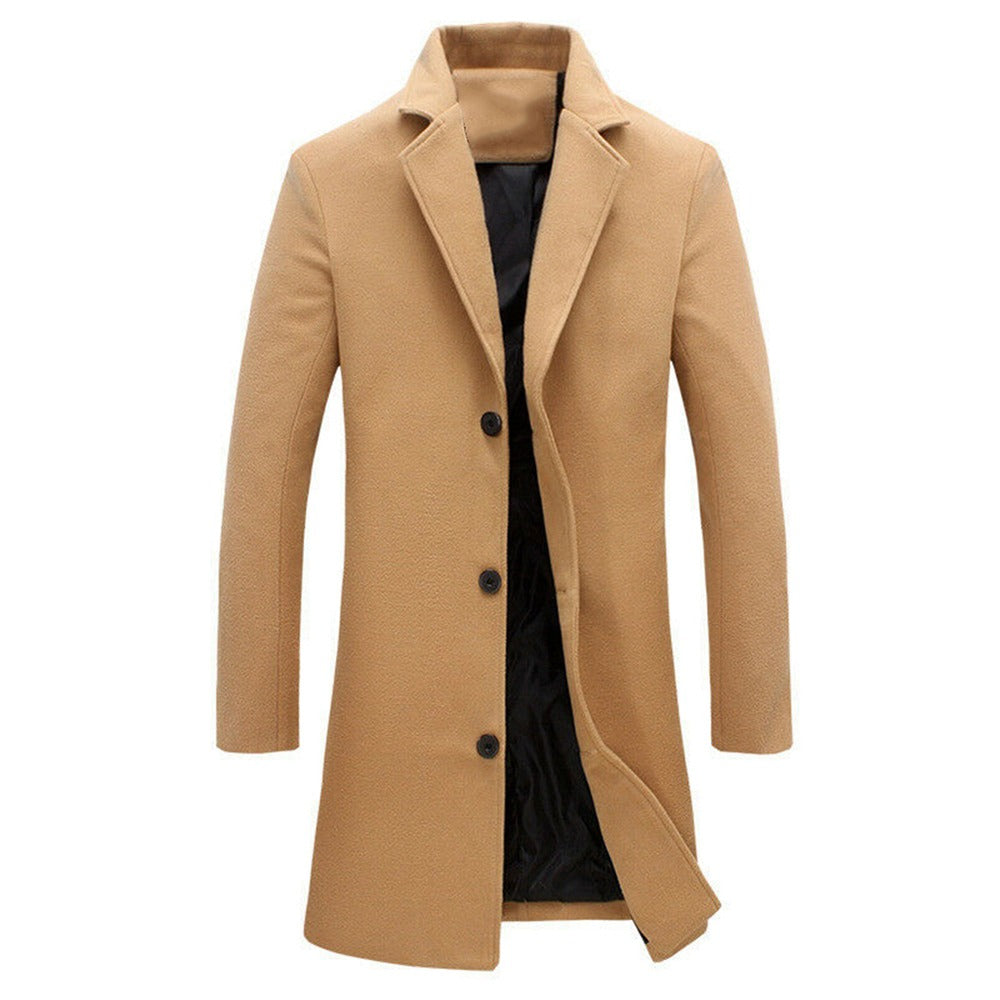 Herren Leichte Wolljacke Einfarbig Einreihig Revers Langer Mantel Business Mantel | D67